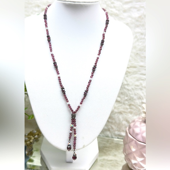 Dark 925 Sterling Silver Garnet, Crystal Beaded Necklace - Picture 3 of 8